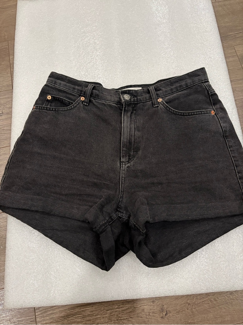Topshop Black High-Rise Mom Denim Shorts with Folded Hem
